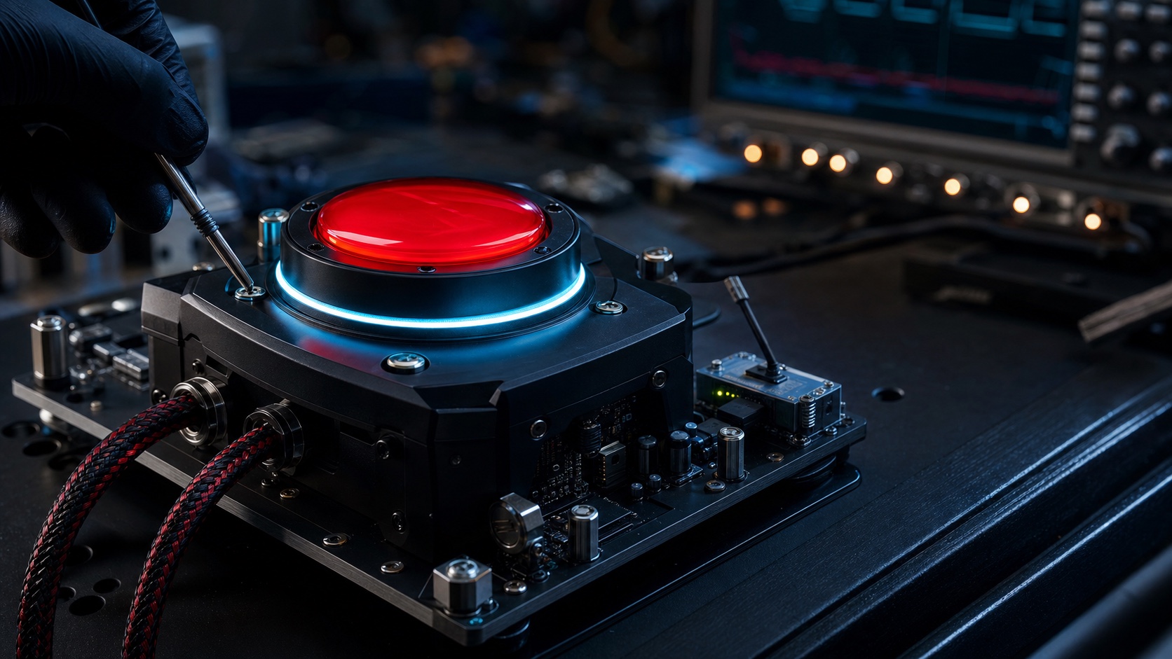 A custom illuminated game show buzzer being engineered in the lab