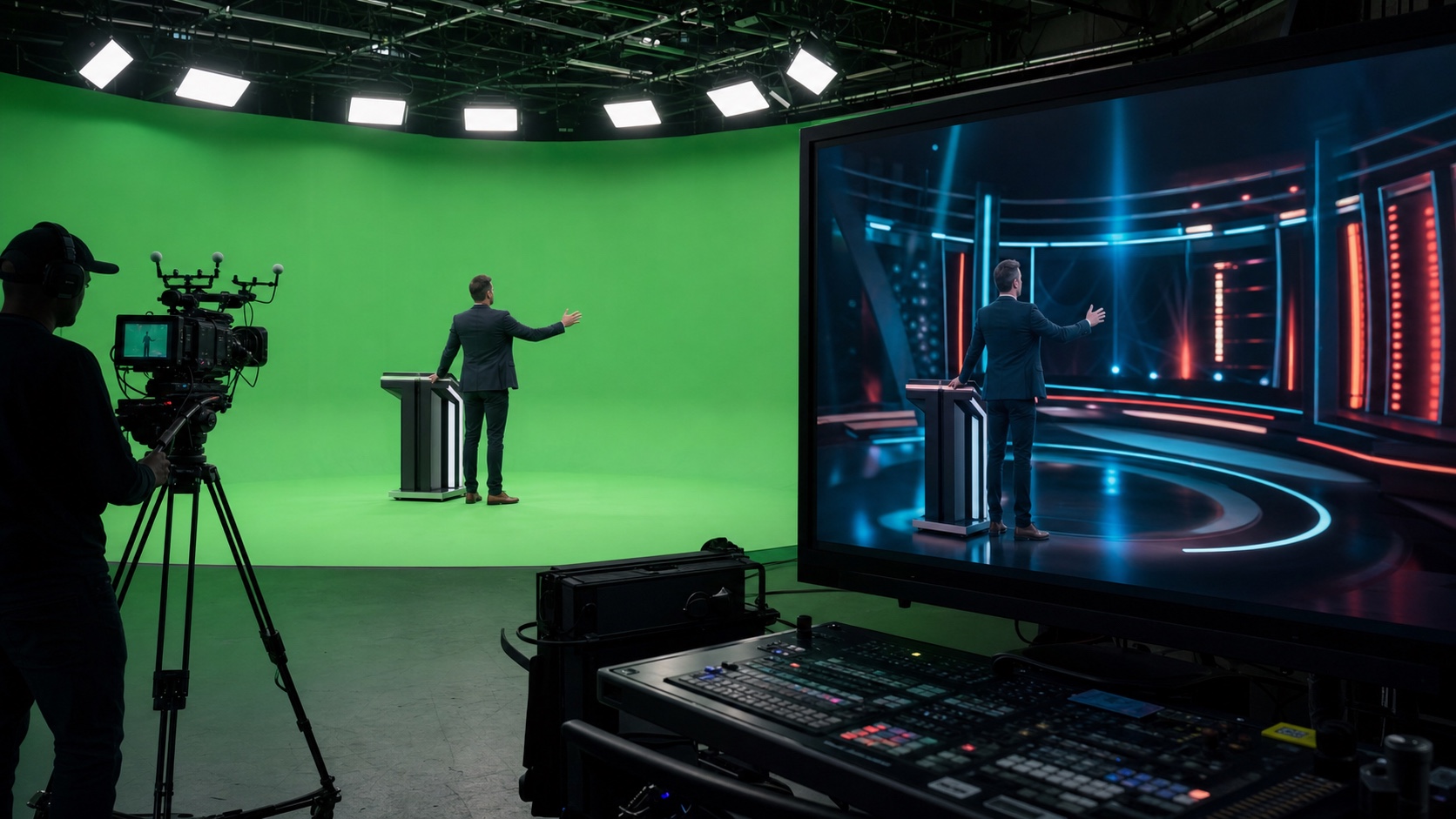 A presenter performing on a chroma stage with the composited program output visible